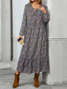 EMERY ROSE Women's Ditsy Floral Drawstring Lantern Sleeve Loose Casual Dress