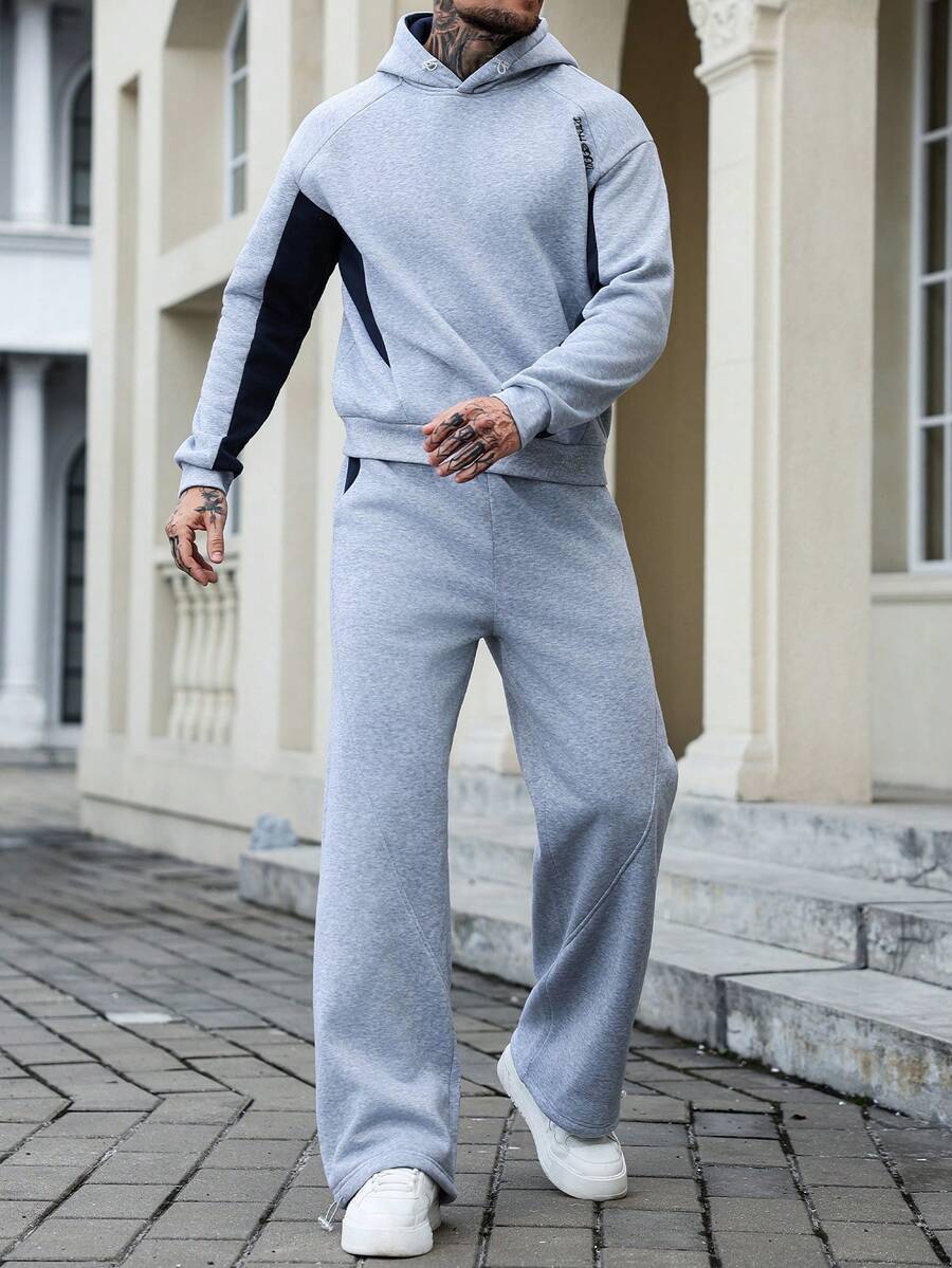 Manfinity Homme 男士撞色连帽衫和裤子套装 男士针织套装 男士慢跑服 男士运动套装 灰色套装 男士两件套运动服 - 灰色 - 查看 1