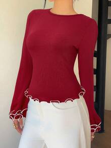 Siren Gaze 女式优雅修身圆领荷叶边长袖T恤，秋季 - 玫瑰紅 - 查看 3