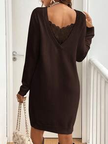 SHEIN Frenchy Ladies' Lace Splice Long Sleeve Ruffle Hem Casual Short Sweater Dress In Fall/Winter Brown - Brown - View 1