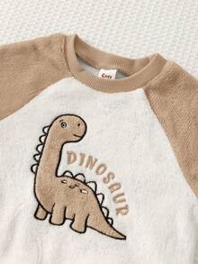 Cozy Pixies 2件套男婴卡通动物刺绣保暖内衬圆领长袖卫衣和松紧腰裤套装，棕色恐龙摩卡色婴儿服装休闲套装 - 卡其色 - 查看 7