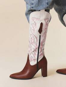 Styleloop Giày bốt cao đến đầu gối đế dày cho nữ, Giày bốt cao bồi miền Tây cá nhân hóa đa năng thời trang - Nhiều màu - Xem 1