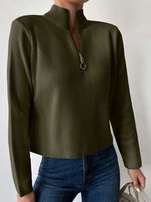 SHEIN Tall Maglione basic con mezza chiusura lampo, taglia alta, colore unito - Verde militare - Visualizzare 4