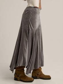 Nöista Grey Solid Midi Skirt,Soft Suede Texture Autumn Casual Hiking Gentle Flared Silhouette,Subtle Diagonal Seam Sophisticated Winter Evening Skirt - Grey - View 4