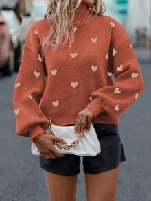 EMERY ROSE Heart Pattern Lantern Sleeve Sweater, Casual Autumn/Winter - Orange - View 6