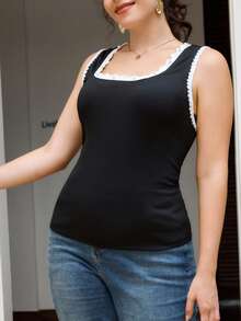 SHEIN Frenchy Plus Size Women Contrast Color Strap Camisole, Casual Fashion Black Camisole - Black and White - View 6