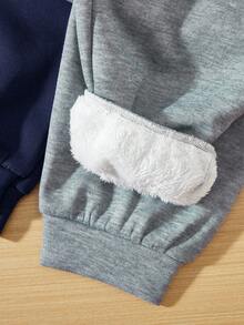 SHEIN 2pcs Tween Boy Casual Style Contrast Stitching Thermal Lined Sweatpants, Suitable For Autumn/Winter,Thanksgiving,Christmas,Winter,Winter Clothes,Cozy Fall & Winter Styles, - Navy Blue - View 2