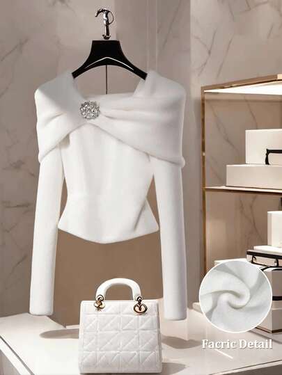 Franclia Women's Casual Solid Color Boat Neck One-Shoulder Long Sleeve Metal Decor Pullover Sweater Fall Winter Cloth For Women White Elegant Top Tops For Women Elegant Designer Clothes Luxury Clothes For WomenWomen's Autumn Clothingautumn Fall Clothes For Women Fall Autumn Clothes Fall Outfits For Women Autumn Outfits For Women Fall Clothes Autumn Women  Fall Women Clothes Autumn Clothing Elegant Fashionable Casual Commuting Business Office Daily Leisure All-Match Temperament Urban Teacher Professional Attire