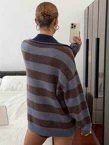 Livesso Women's Loose Business Casual Striped Letter Pattern Knit Pullover Sweater, Fashionable Street Style For School Season, Autumn/Winter - Blue - View 3