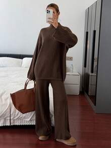 Livesso 女士宽松商务休闲优雅办公室装，棕色高领针织毛衣和直筒裤套装，秋冬 - 棕色 - 查看 6