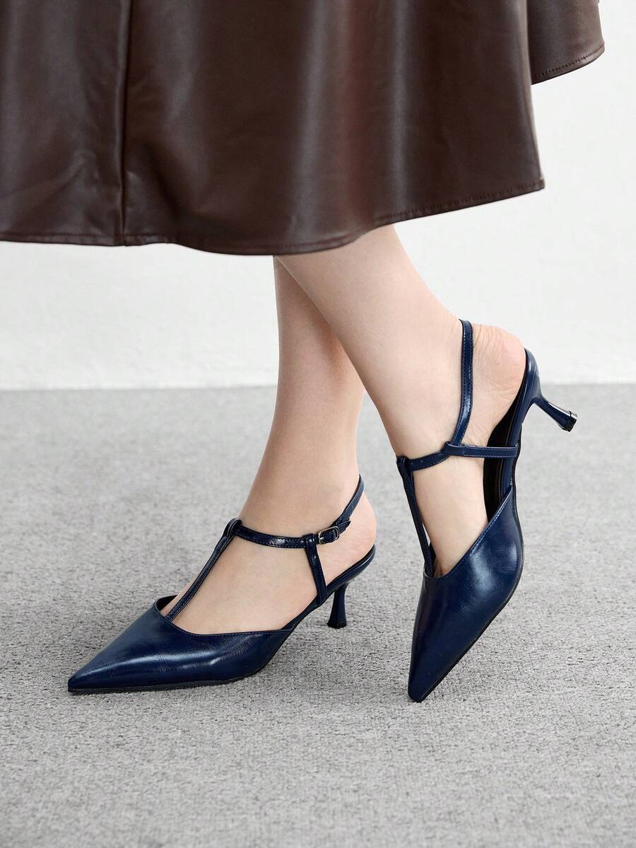 CUCCOO BIZCHIC Zapatos de tacón bajo con punta puntiaguda y correa de tobillo en color marrón café, adecuados para ir al trabajo, citas y fiestas, zapatos de primavera - Azul Marino - Ver 1