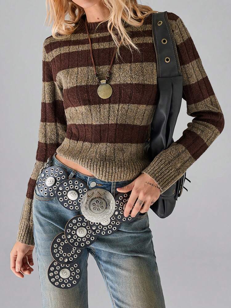 SHEIN TRNDY 1 件女式套头毛衣，棕色，复古简约通勤风格，圆领，拼色条纹长袖，针织，休闲，秋冬 - 棕色 - 查看 4