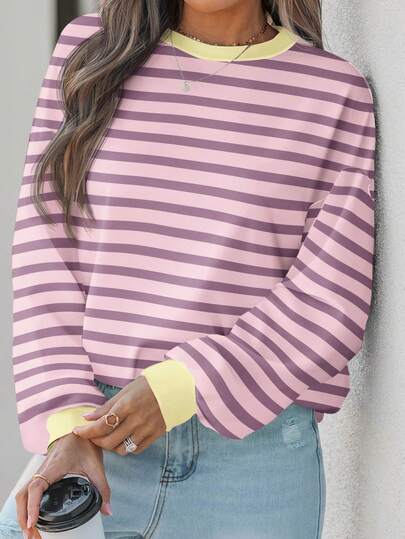 EMERY ROSE Plus Size Women Casual Pink & Yellow Striped Graphic Print Plus Size Long Sleeve Sweatshirt, Suitable For Autumn/Winter