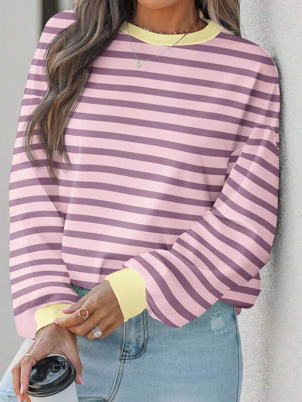 EMERY ROSE Plus Size Women Casual Pink & Yellow Striped Graphic Print Plus Size Long Sleeve Sweatshirt, Suitable For Autumn/Winter