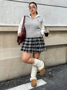 Muchica 大码格子褶皱 A 字裙，适合通勤、约会、返校季、秋冬