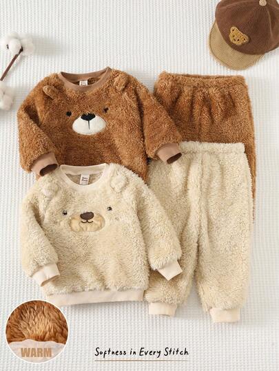 Cozy Pixies 4pcs Baby Boy Cartoon Animal Print Fleece Ear Decor Crew Neck Long Sleeve Hoodie & Elastic Waist Ankle Pants Set