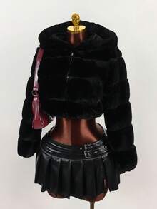 Y2K Amplova Women's Solid Color Long Sleeve Zip-Up Hooded Faux Fur Trim Short Jacket, Winter, Autumn/Winter Thanksgiving And New Year Party Dress - Black - View 4