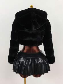 Y2K Amplova Women's Solid Color Long Sleeve Zip-Up Hooded Faux Fur Trim Short Jacket, Winter, Autumn/Winter Thanksgiving And New Year Party Dress - Black - View 9