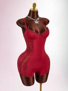 Amplova Bộ đồ liền thân màu trơn phối ren tương phản quyến rũ ôm eo dành cho nữ - Màu Đỏ Sâu - Xem 7