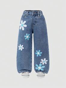 年轻女孩时尚雪花水洗做旧刺绣喇叭牛仔裤