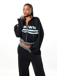 SUMWON WOMEN Oversized schwarze Jogginghose mit kontrastierendem weißen Streifendetail, Gummibund, lässigJogginghosets - Schwarz - Übersicht 5