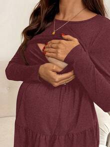 SHEIN 哺乳圆领落肩长袖褶皱休闲舒适荷叶边下摆上衣