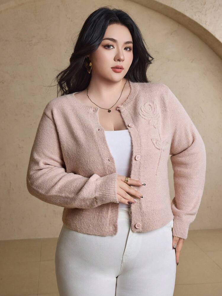 Dazy Plus Fashionable Casual 3D Floral Decor Round Neck Thick Cardigan Sweater, Plus Size Women, Autumn/Winter