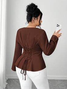 Elenzga Plus Size Women Oblique Collar Open Slit Back Tie Shirt - Brown - View 2