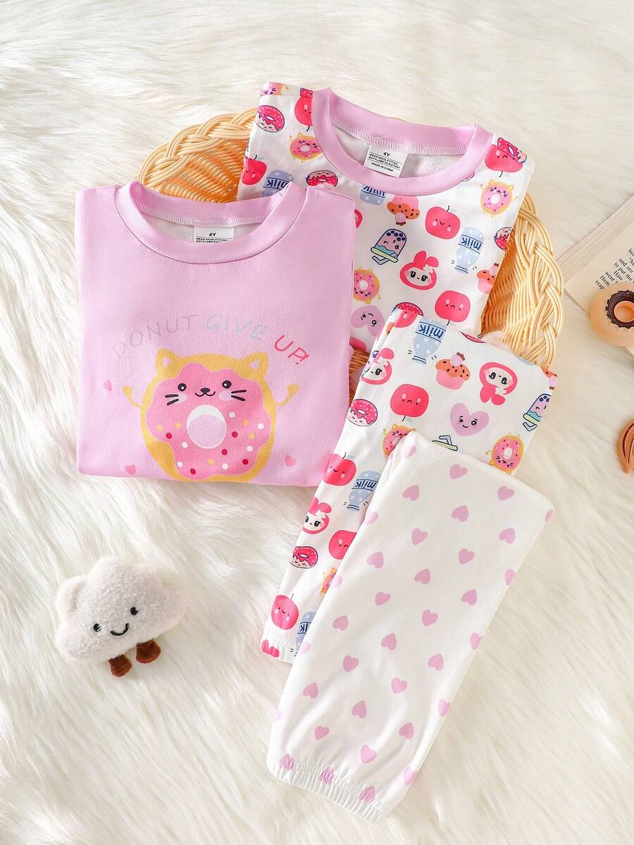 4pcs Girls Cartoon Graphic Long Sleeve Top And Leggings Casual Comfortable Homewear Set, Spring/Autumn Girls Cute Set Girl Sleep Wear Pjamas Set Summer For Girl Kid Girl Pajama Sets Cute Sleepwear,Snug Fit - Pink - View 1