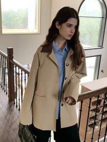 Dazy Kids 少女纯色长袖单排扣休闲口袋风衣，秋季 - 卡其色 - 查看 5