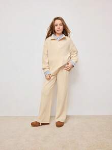 Tween Girls Casual Everyday Commute Simple Solid Color Ribbed Drop Shoulder Loose Half Zip Collared Hoodie And Straight Leg Sweatpants Set, Autumn - Khaki - View 4