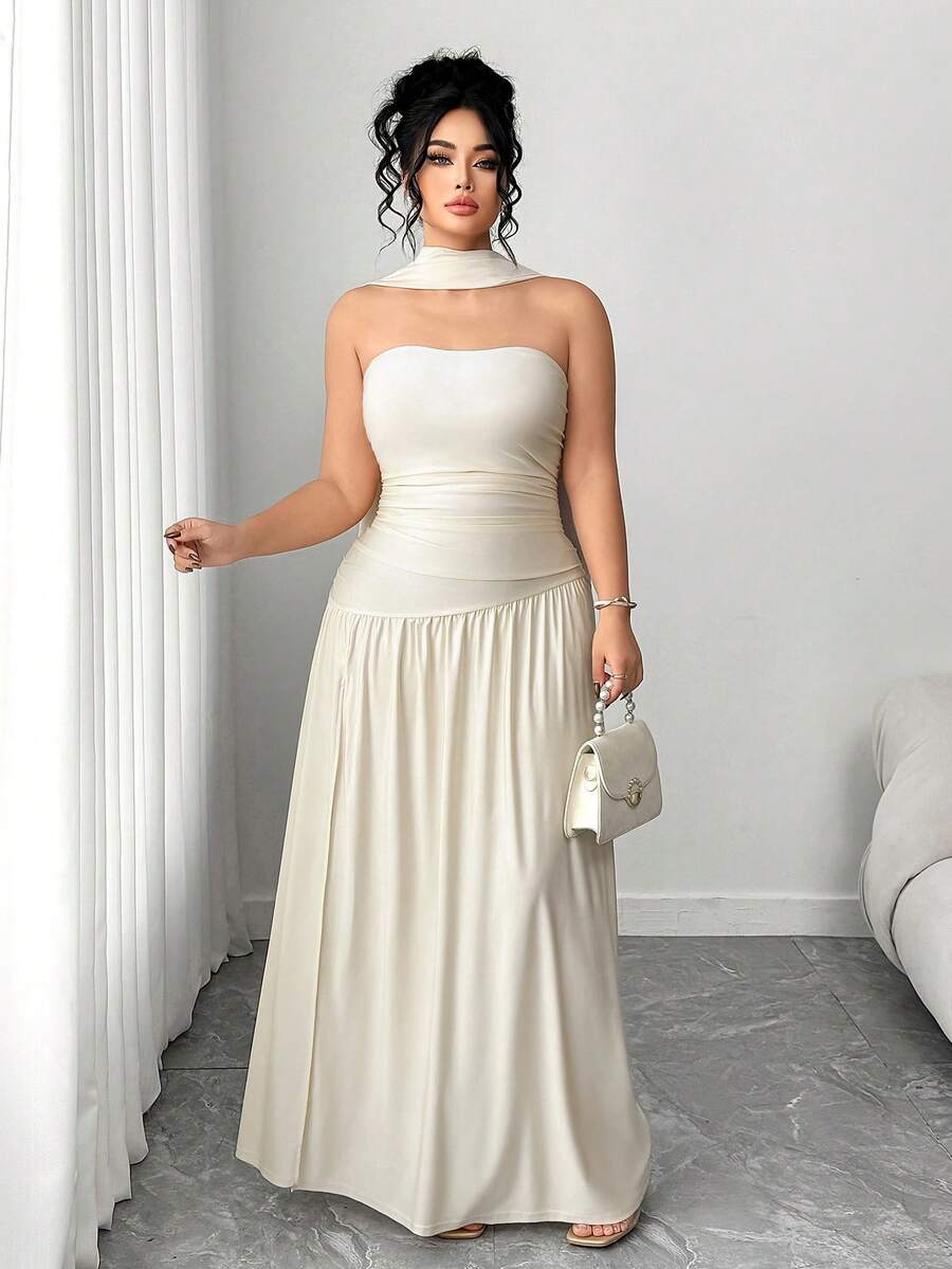 Váy dài Elenzga thanh lịch, vải bóng mới, dáng rộng, không dây, xếp ly eo, xẻ tà, thích hợp cho đám cưới, tiệc tốt nghiệp, hẹn hò và kỳ nghỉ - Màu be - Xem 1