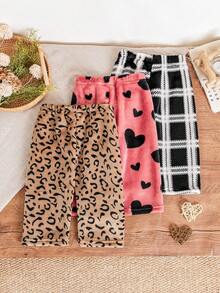 SHEIN 3件套女婴休闲时尚爱心、豹纹、格子抓绒裤，适合冬季户外穿着 - 彩色 - 查看 9