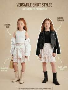 女童花卉印花荷叶边下摆松紧腰休闲裙 - 杏色 - 查看 1