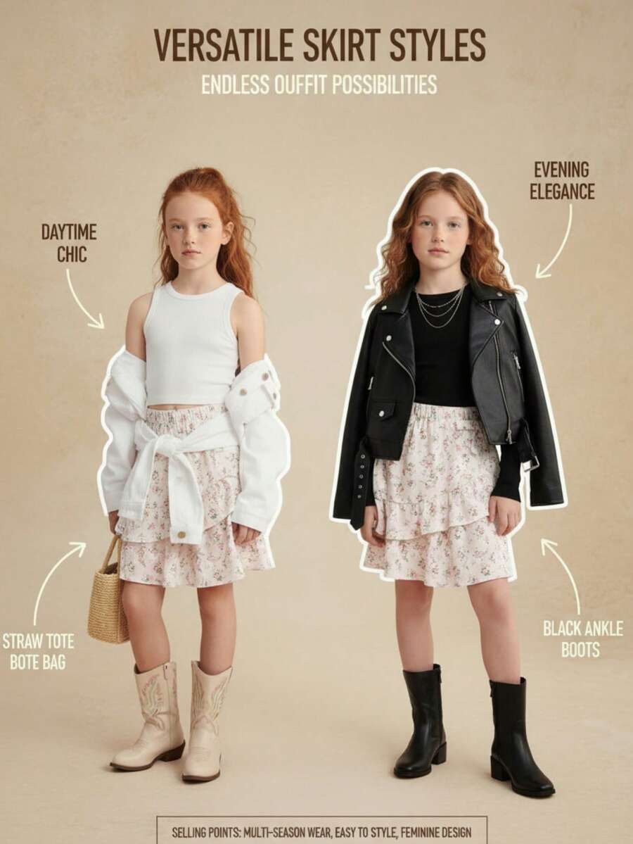 女童花卉印花荷叶边下摆松紧腰休闲裙 - 杏色 - 查看 1