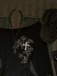 SHEIN EZwear Cross Print Pattern Autumn New Loose Batwing Sleeve Asymmetrical Shoulder Rolled Hem Sexy Women Pullover T-Shirt Graphic - Black - View 7