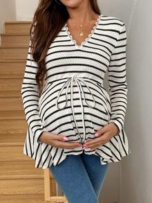 SHEIN 休闲女装，秋季，孕妇款，撞色蕾丝V领长袖腰带条纹T恤 - 白色 - 查看 3