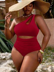 Slaydiva Traje de baño de una pieza con un hombro, acanalado, con recorte y pliegues, para mujer de talla grande, casual y para vacaciones - Rojo - Ver 6
