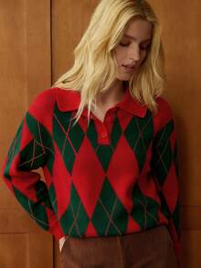 Elnivra Áo len chui đầu tay dài cổ polo kiểu Pháp, họa tiết kim cương, thiết kế cài nửa nút, màu kaki, dành cho nữ, mùa thu/đông - Đỏ - Xem 4