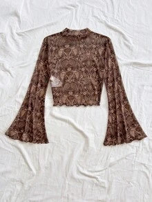 Soleia New Floral-Printed Trumpet-Sleeved Round-Neck Casual Top, Brown Check Pattern, Autumn Bohemian Style, Party And Carnival Theme No Chest Padding - Multicolor - View 2
