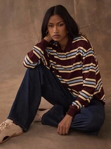 SHEIN BAE 女式拼色条纹长袖休闲T恤 - 杏色 - 查看 3