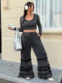 Muchica 秋冬大码休闲水洗荷叶边下摆阔腿裤 - 黑色 - 查看 5