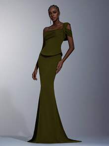 Elitara 优雅、浪漫、时尚、端庄、军绿色、弹力面料、收腰二合一、露肩、美人鱼下摆、拖尾、时尚、节日、度假、生日派对、婚礼活动、正式晚礼服（豪华版） - 軍綠色 - 查看 8
