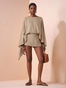 Zivah 2025秋冬新款通勤优雅休闲度假宽松棕色长袖衬衫+短裙两件套，旅行、通勤、聚会、度假、复古风格、购物、宴会、优雅、派对、约会、休闲-A - 卡其色 - 查看 4