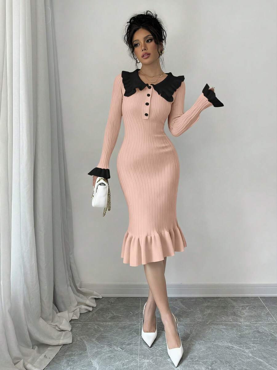 Elenzga Women's Elegant Contrast Color Ruffle Collar Flare Sleeve Fitted Hem Sweater Dress, Autumn/Winter - Pink - View 1