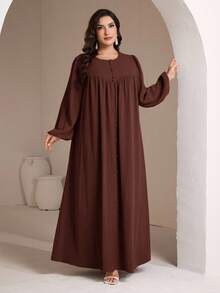 Veilorie Große Größen Damen Einfarbiges Einreihiges Kleid mit Rundhalsausschnitt, Ballonärmeln und weiter arabischer Silhouette