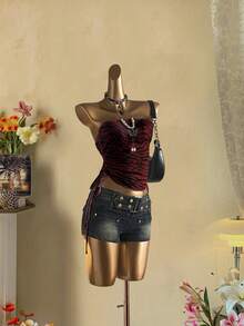 Attitoon Áo hai dây rút họa tiết ngựa vằn đơn giản dành cho nữ, kiểu dáng thời trang, phù hợp cho mùa xuân/hè - Màu Đỏ Sâu - Xem 3