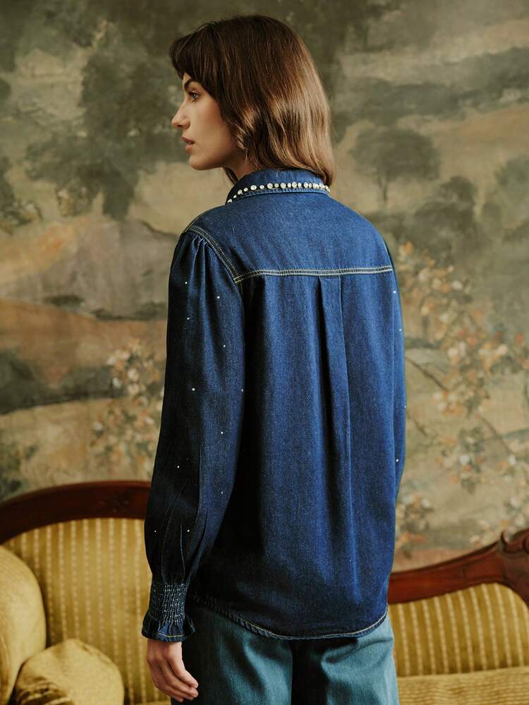 Women's Sparkling Diamond Fashionable Clothing Blue Shirt, Suitable For Dates In Autumn/Winter