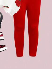 SHEIN 2pcs Young Girls Casual Fashionable Sweet Cute Strawberry Print White Crew Neck Sweatshirt And Red Leggings Set, Autumn/Winter Girls Sweatshirt And Pants Two Pieces Outfit - Multicolor - View 3