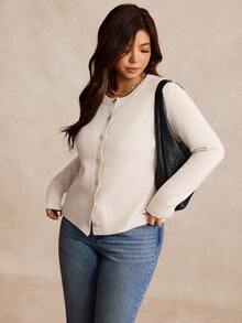 Nubod 大码休闲纯色金色纽扣波浪领长袖开衫 - 杏色 - 查看 6